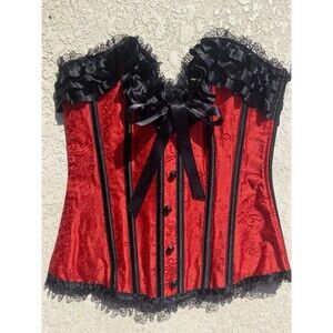 NWT BEDROOM STORIES Over-bust Corset Lace Up Boned Ruffles Womens S Red Black